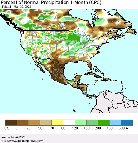North America Percent of Normal Precipitation 1-Month (CPC) Thematic Map For 2/11/2023 - 3/10/2023