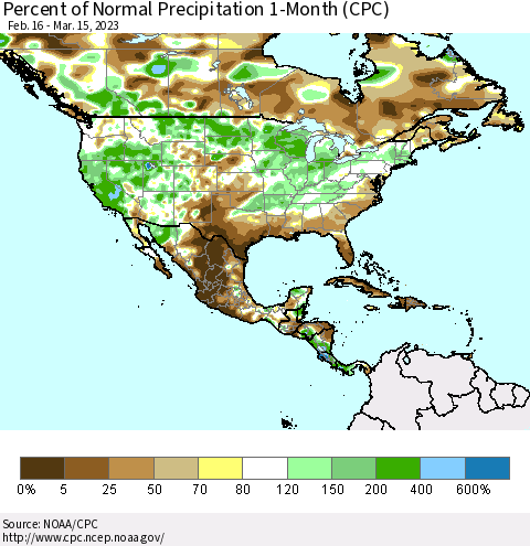 North America Percent of Normal Precipitation 1-Month (CPC) Thematic Map For 2/16/2023 - 3/15/2023