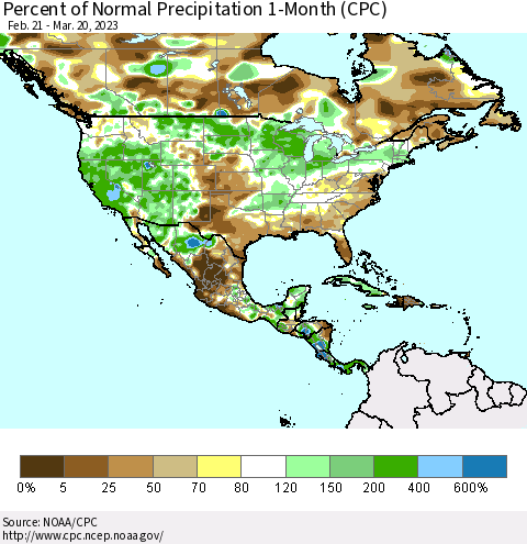 North America Percent of Normal Precipitation 1-Month (CPC) Thematic Map For 2/21/2023 - 3/20/2023