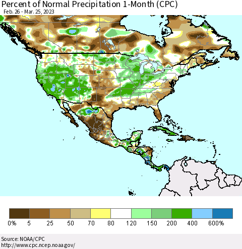 North America Percent of Normal Precipitation 1-Month (CPC) Thematic Map For 2/26/2023 - 3/25/2023