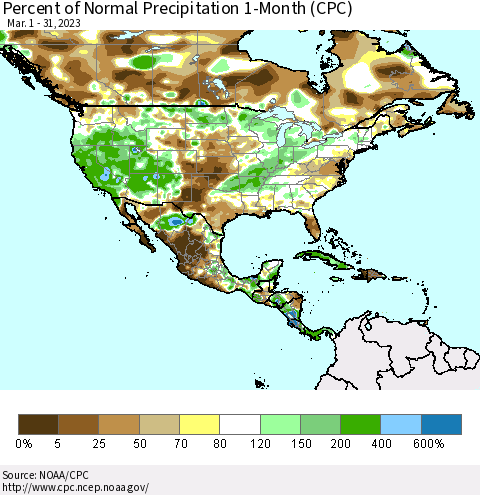 North America Percent of Normal Precipitation 1-Month (CPC) Thematic Map For 3/1/2023 - 3/31/2023