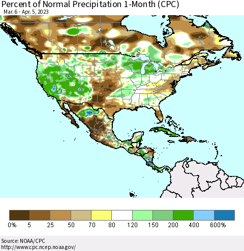 North America Percent of Normal Precipitation 1-Month (CPC) Thematic Map For 3/6/2023 - 4/5/2023