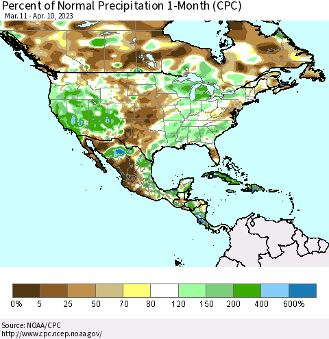 North America Percent of Normal Precipitation 1-Month (CPC) Thematic Map For 3/11/2023 - 4/10/2023