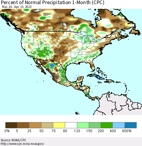 North America Percent of Normal Precipitation 1-Month (CPC) Thematic Map For 3/16/2023 - 4/15/2023