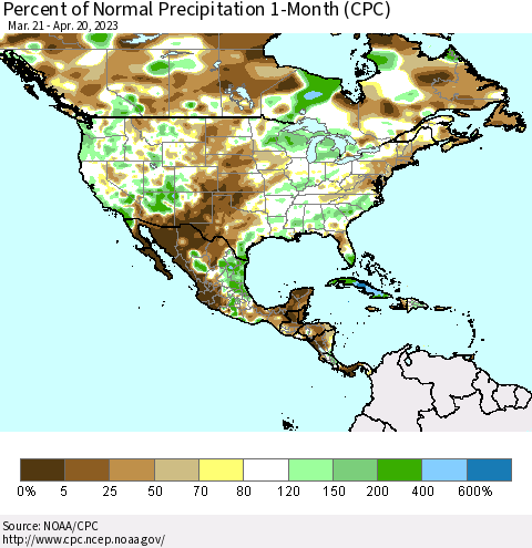 North America Percent of Normal Precipitation 1-Month (CPC) Thematic Map For 3/21/2023 - 4/20/2023