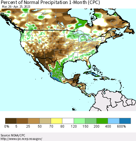 North America Percent of Normal Precipitation 1-Month (CPC) Thematic Map For 3/26/2023 - 4/25/2023