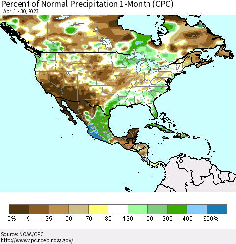 North America Percent of Normal Precipitation 1-Month (CPC) Thematic Map For 4/1/2023 - 4/30/2023