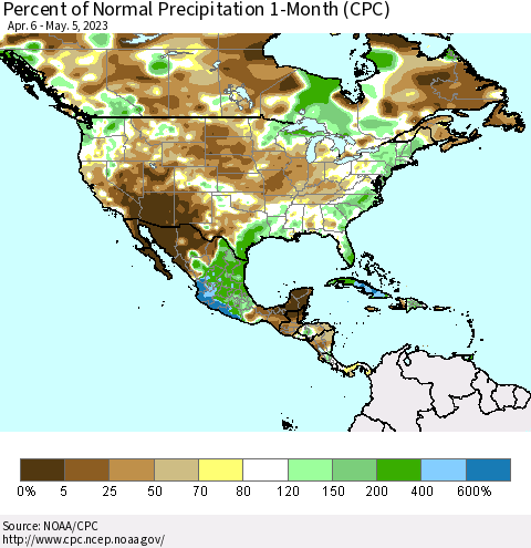 North America Percent of Normal Precipitation 1-Month (CPC) Thematic Map For 4/6/2023 - 5/5/2023