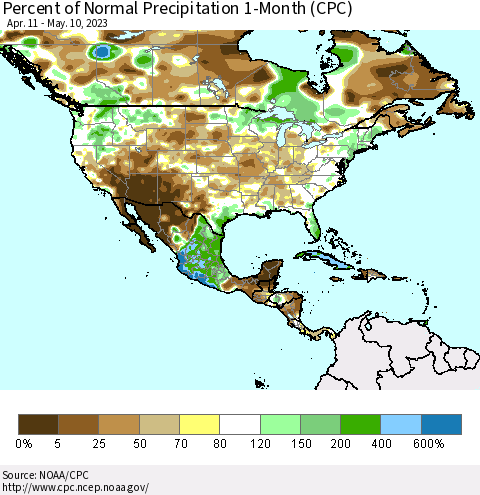 North America Percent of Normal Precipitation 1-Month (CPC) Thematic Map For 4/11/2023 - 5/10/2023