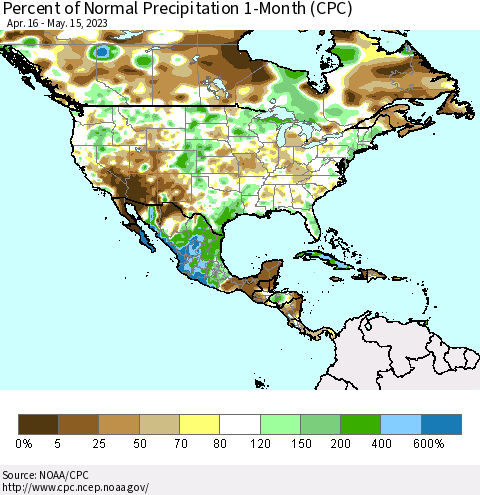 North America Percent of Normal Precipitation 1-Month (CPC) Thematic Map For 4/16/2023 - 5/15/2023