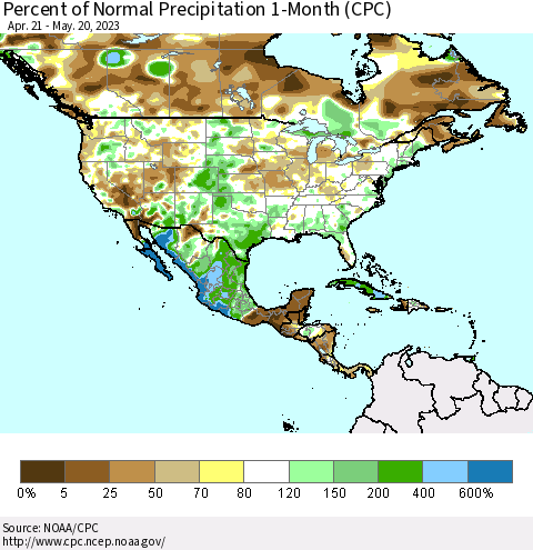 North America Percent of Normal Precipitation 1-Month (CPC) Thematic Map For 4/21/2023 - 5/20/2023