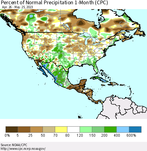 North America Percent of Normal Precipitation 1-Month (CPC) Thematic Map For 4/26/2023 - 5/25/2023
