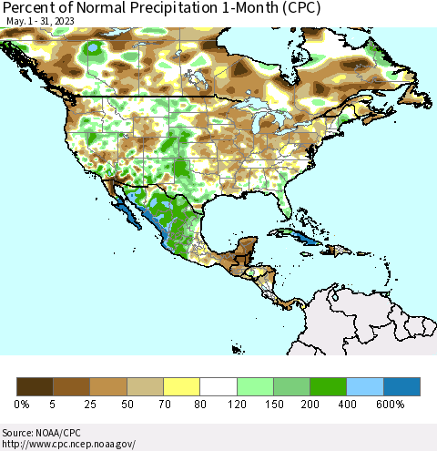 North America Percent of Normal Precipitation 1-Month (CPC) Thematic Map For 5/1/2023 - 5/31/2023