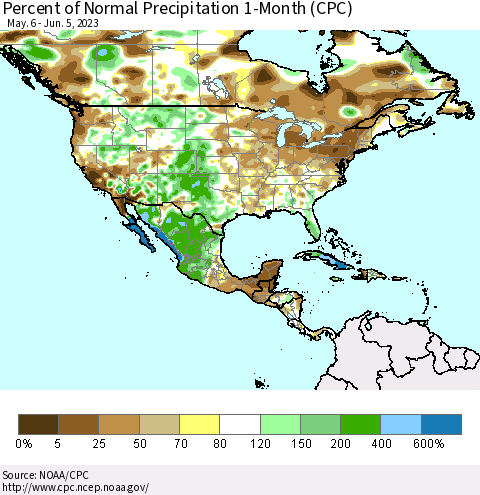 North America Percent of Normal Precipitation 1-Month (CPC) Thematic Map For 5/6/2023 - 6/5/2023