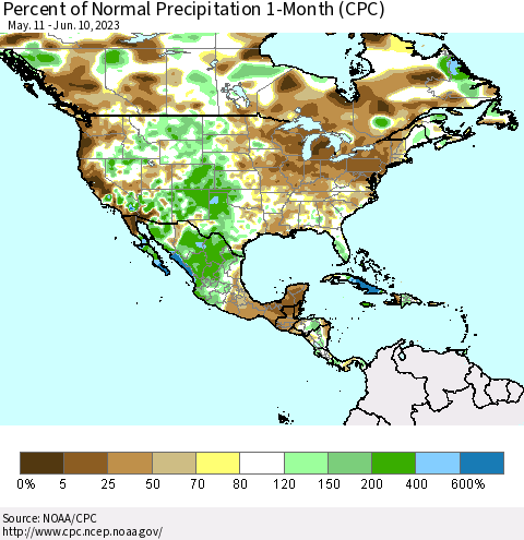 North America Percent of Normal Precipitation 1-Month (CPC) Thematic Map For 5/11/2023 - 6/10/2023