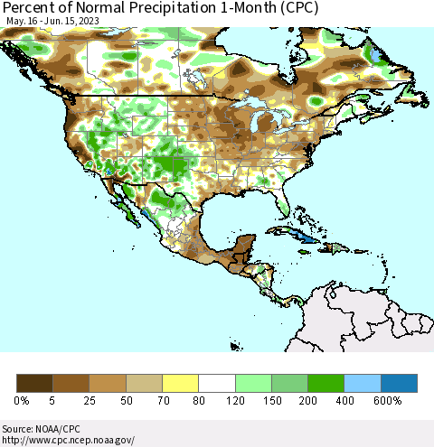 North America Percent of Normal Precipitation 1-Month (CPC) Thematic Map For 5/16/2023 - 6/15/2023