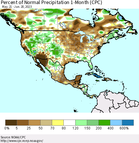 North America Percent of Normal Precipitation 1-Month (CPC) Thematic Map For 5/21/2023 - 6/20/2023
