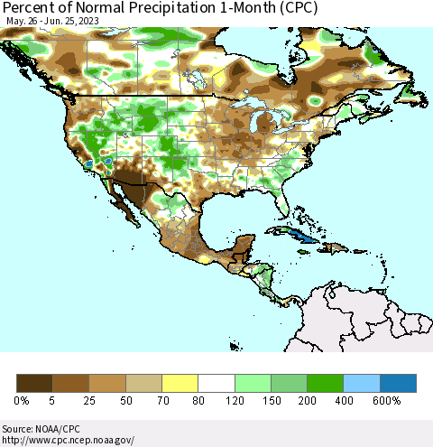 North America Percent of Normal Precipitation 1-Month (CPC) Thematic Map For 5/26/2023 - 6/25/2023