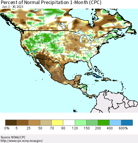 North America Percent of Normal Precipitation 1-Month (CPC) Thematic Map For 6/1/2023 - 6/30/2023