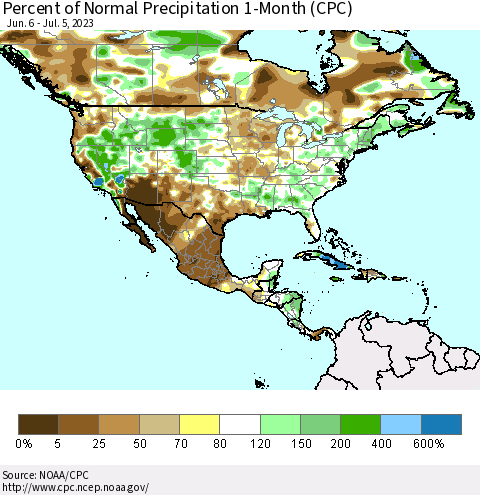 North America Percent of Normal Precipitation 1-Month (CPC) Thematic Map For 6/6/2023 - 7/5/2023