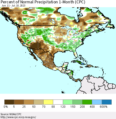 North America Percent of Normal Precipitation 1-Month (CPC) Thematic Map For 6/11/2023 - 7/10/2023