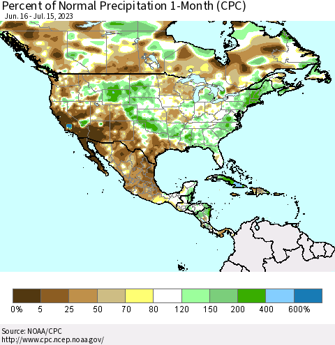 North America Percent of Normal Precipitation 1-Month (CPC) Thematic Map For 6/16/2023 - 7/15/2023