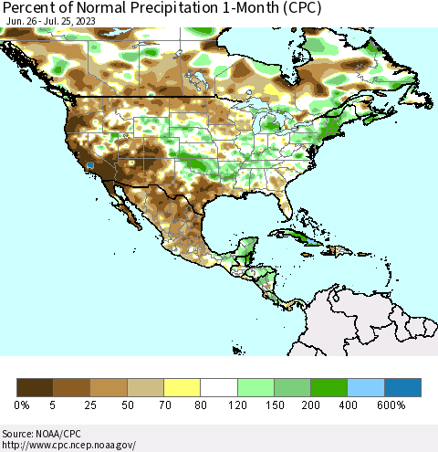 North America Percent of Normal Precipitation 1-Month (CPC) Thematic Map For 6/26/2023 - 7/25/2023