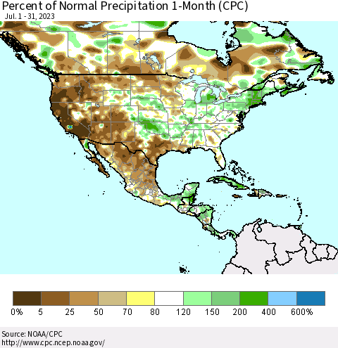 North America Percent of Normal Precipitation 1-Month (CPC) Thematic Map For 7/1/2023 - 7/31/2023