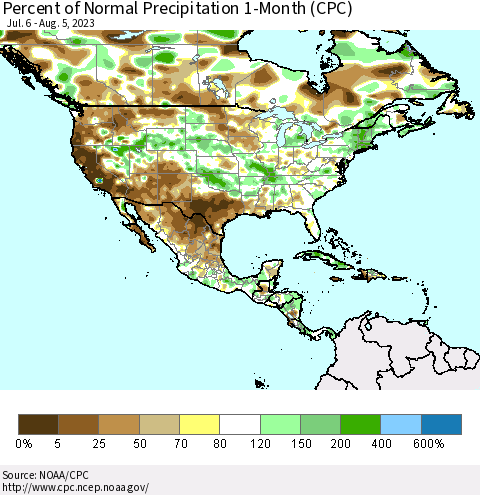 North America Percent of Normal Precipitation 1-Month (CPC) Thematic Map For 7/6/2023 - 8/5/2023