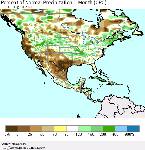 North America Percent of Normal Precipitation 1-Month (CPC) Thematic Map For 7/11/2023 - 8/10/2023