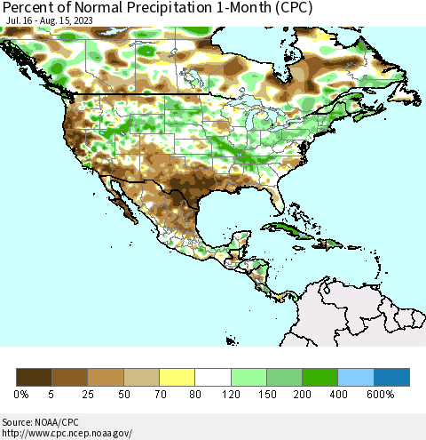 North America Percent of Normal Precipitation 1-Month (CPC) Thematic Map For 7/16/2023 - 8/15/2023