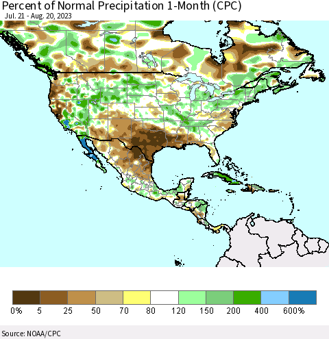 North America Percent of Normal Precipitation 1-Month (CPC) Thematic Map For 7/21/2023 - 8/20/2023