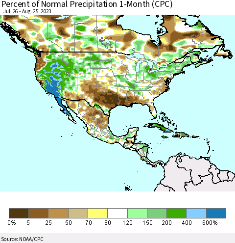 North America Percent of Normal Precipitation 1-Month (CPC) Thematic Map For 7/26/2023 - 8/25/2023