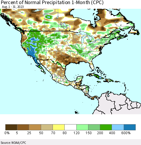 North America Percent of Normal Precipitation 1-Month (CPC) Thematic Map For 8/1/2023 - 8/31/2023