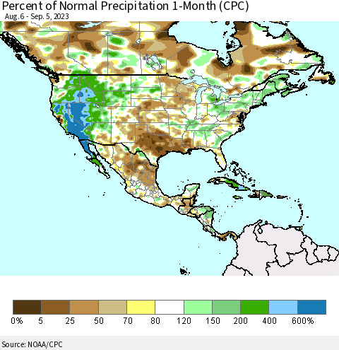 North America Percent of Normal Precipitation 1-Month (CPC) Thematic Map For 8/6/2023 - 9/5/2023