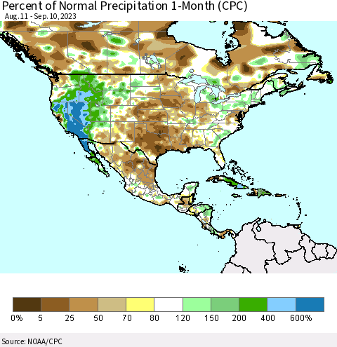 North America Percent of Normal Precipitation 1-Month (CPC) Thematic Map For 8/11/2023 - 9/10/2023
