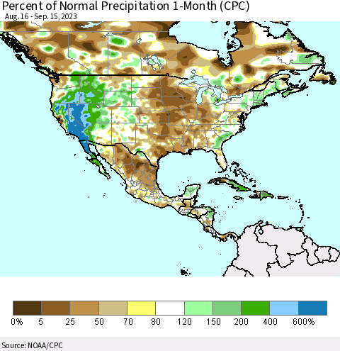 North America Percent of Normal Precipitation 1-Month (CPC) Thematic Map For 8/16/2023 - 9/15/2023