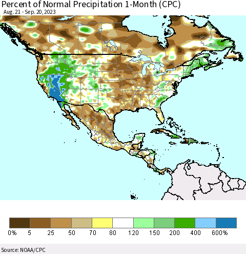 North America Percent of Normal Precipitation 1-Month (CPC) Thematic Map For 8/21/2023 - 9/20/2023