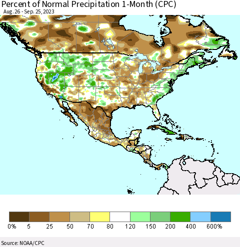 North America Percent of Normal Precipitation 1-Month (CPC) Thematic Map For 8/26/2023 - 9/25/2023