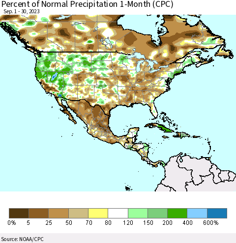 North America Percent of Normal Precipitation 1-Month (CPC) Thematic Map For 9/1/2023 - 9/30/2023