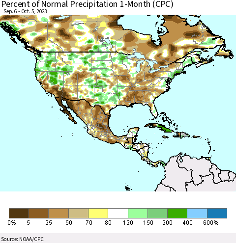 North America Percent of Normal Precipitation 1-Month (CPC) Thematic Map For 9/6/2023 - 10/5/2023