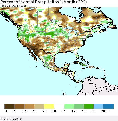North America Percent of Normal Precipitation 1-Month (CPC) Thematic Map For 9/16/2023 - 10/15/2023