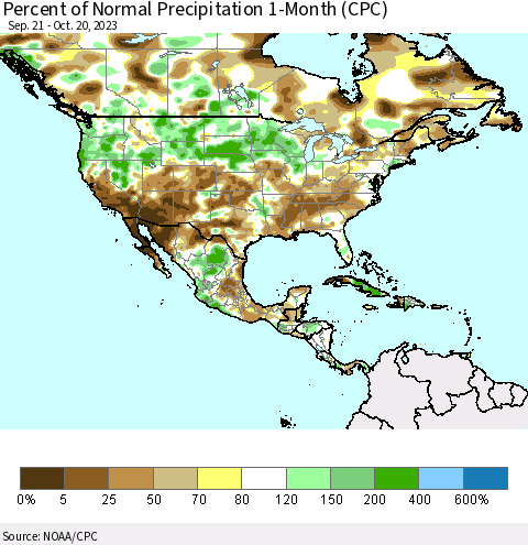 North America Percent of Normal Precipitation 1-Month (CPC) Thematic Map For 9/21/2023 - 10/20/2023