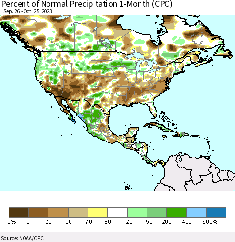 North America Percent of Normal Precipitation 1-Month (CPC) Thematic Map For 9/26/2023 - 10/25/2023