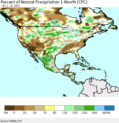 North America Percent of Normal Precipitation 1-Month (CPC) Thematic Map For 10/1/2023 - 10/31/2023