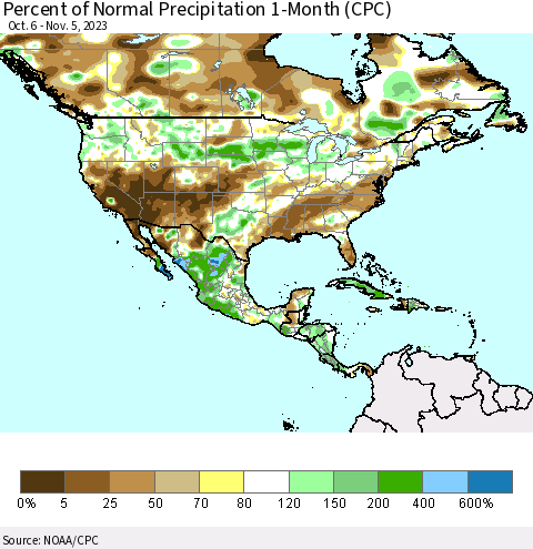 North America Percent of Normal Precipitation 1-Month (CPC) Thematic Map For 10/6/2023 - 11/5/2023