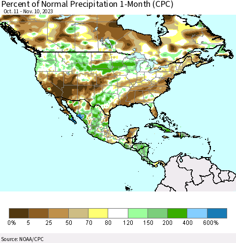 North America Percent of Normal Precipitation 1-Month (CPC) Thematic Map For 10/11/2023 - 11/10/2023