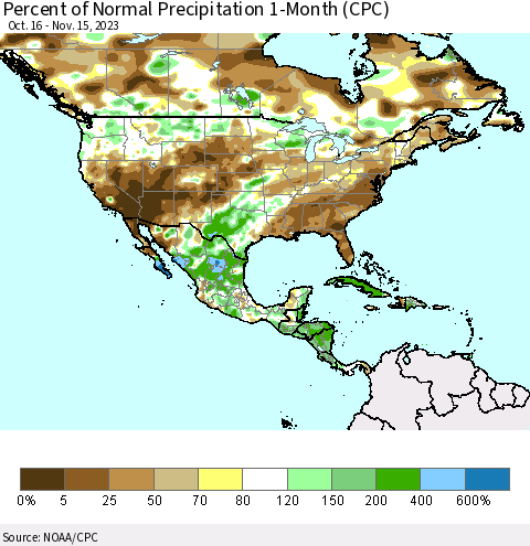 North America Percent of Normal Precipitation 1-Month (CPC) Thematic Map For 10/16/2023 - 11/15/2023