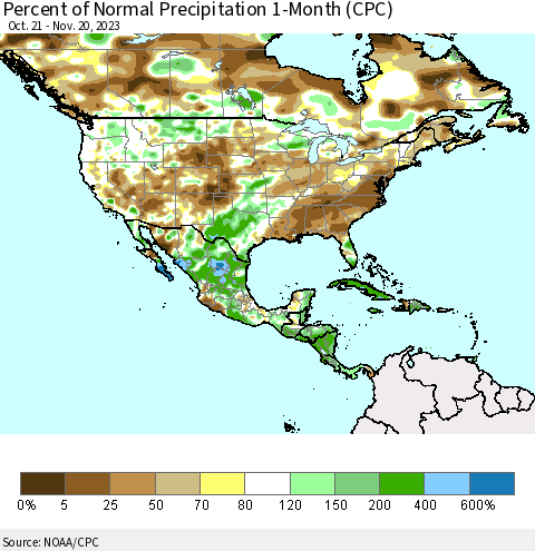 North America Percent of Normal Precipitation 1-Month (CPC) Thematic Map For 10/21/2023 - 11/20/2023