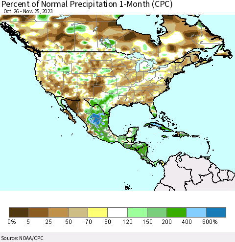 North America Percent of Normal Precipitation 1-Month (CPC) Thematic Map For 10/26/2023 - 11/25/2023